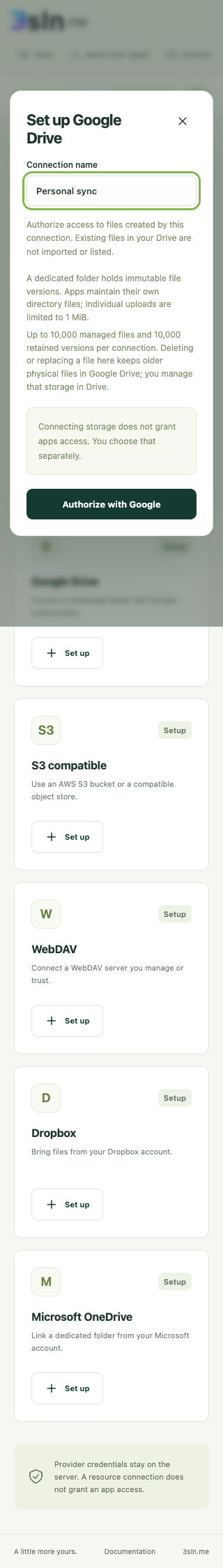 Google Drive setup on a phone — simulated provider